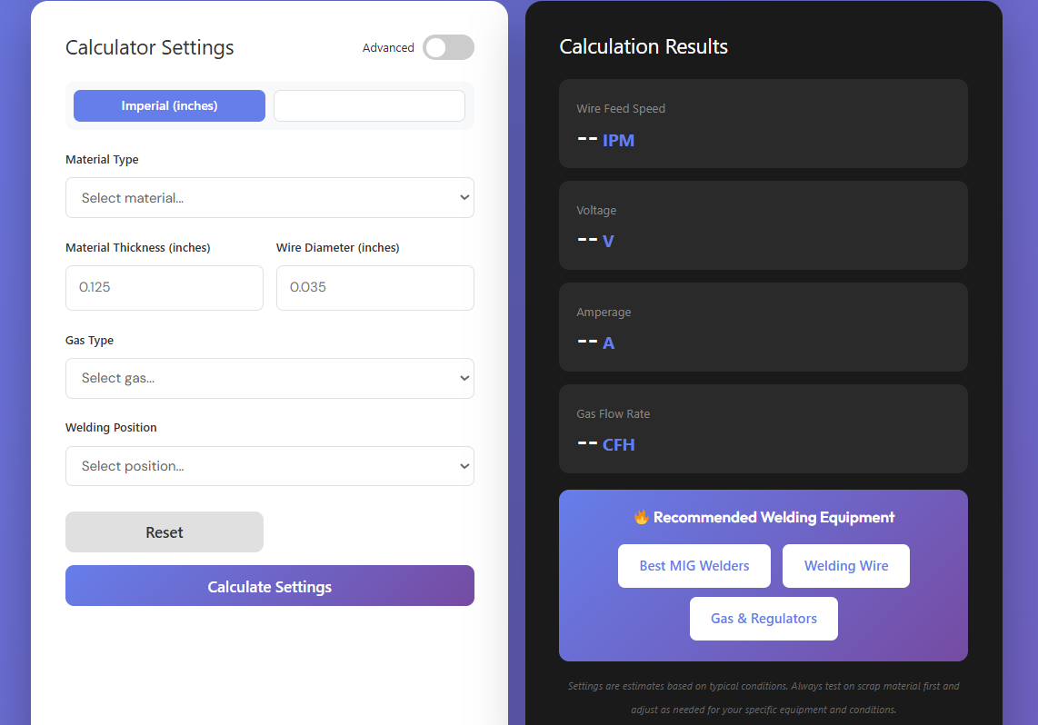 MIG welding calculator interface showing wire speed, voltage, and gas flow settings