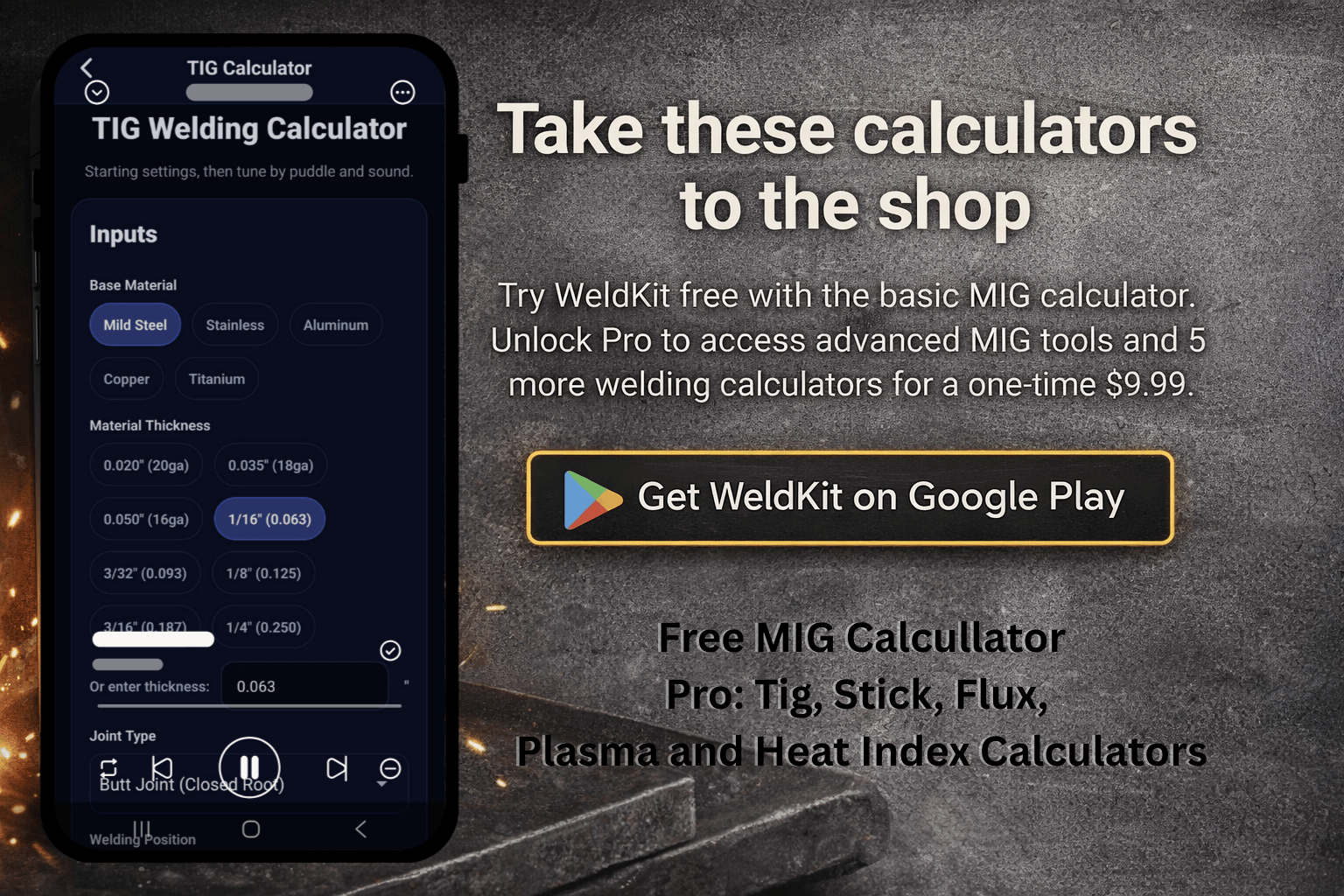 WeldKit Pro on Google Play — MIG, TIG, Stick, flux, plasma, and heat index calculators